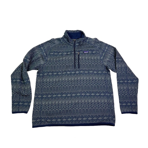 Patagonia Better Sweater Pullover Falconer Legend Blue Aztec Fish Print. - Picture 1 of 6
